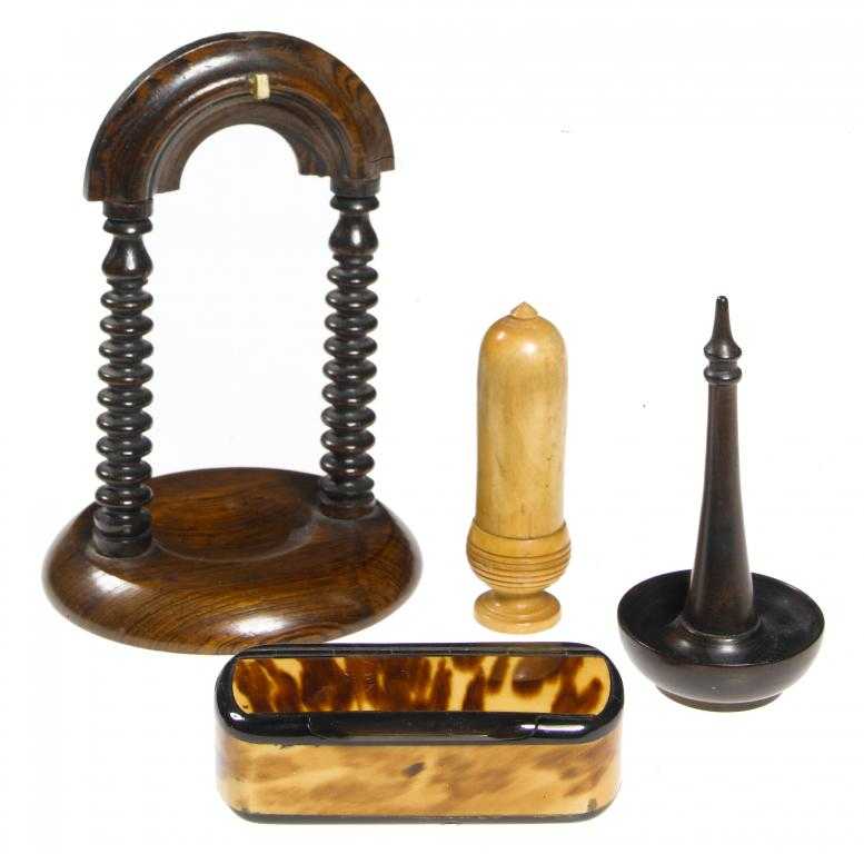 Appraisal: A TURNED ROSEWOOD WATCH-STAND A RING-STAND A SYCAMORE ACORN SHAPED