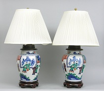 Appraisal: Pair of Ginger Jar Lamps ca th Century Porcelain polychromed