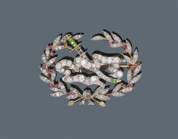 Appraisal: DIAMOND DEMANTOID AND SAPPHIRE DOUBLE-BROOCH ca Silver and pink gold