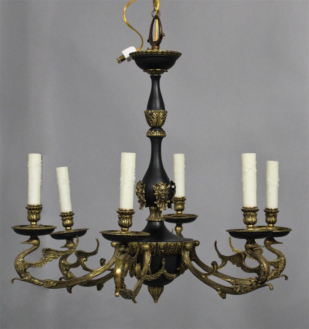 Appraisal: NEOCLASSICAL STYLE GILT AND PATINATED METAL SIX-LIGHT CHANDELIER electrified -