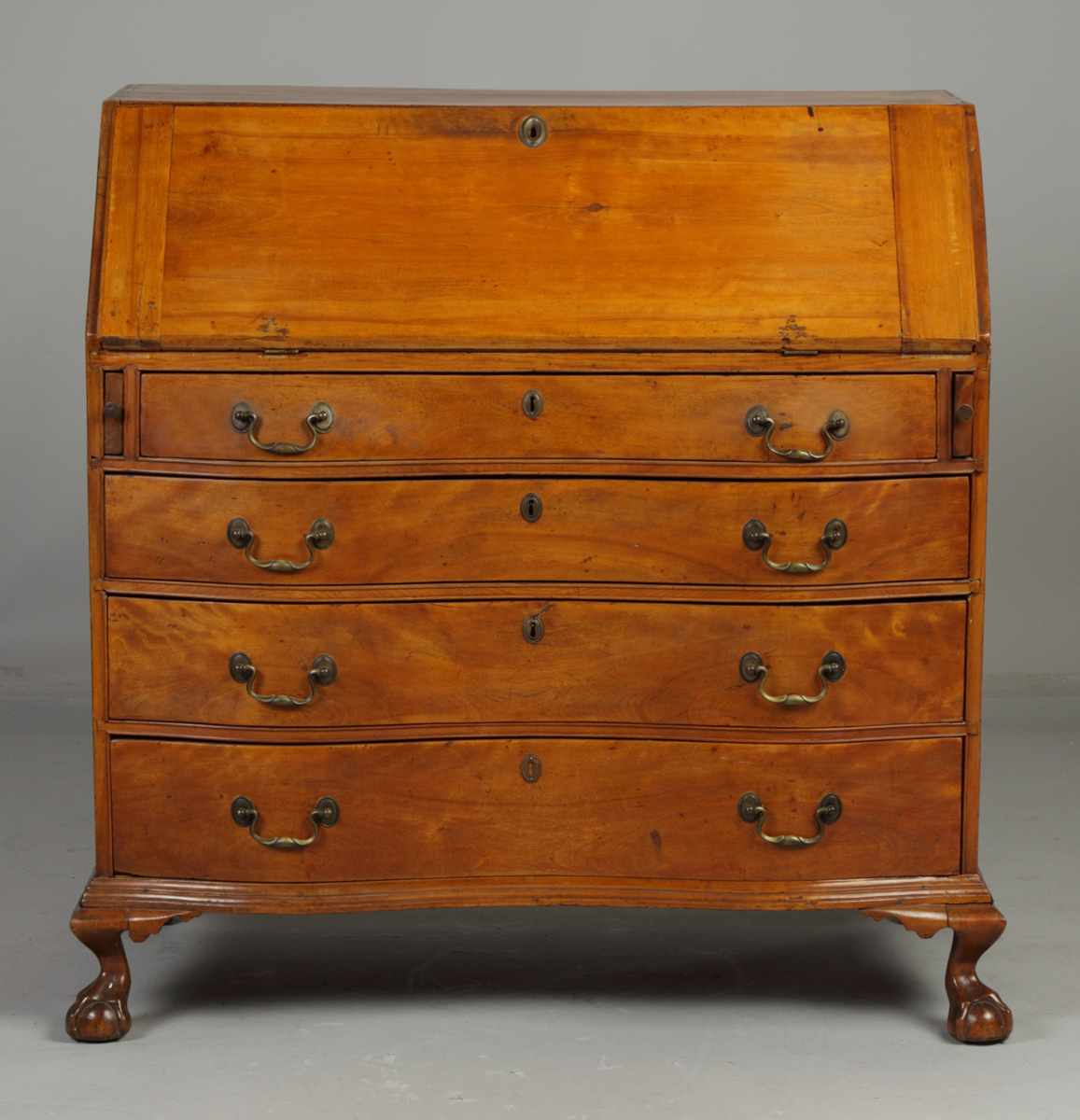 Appraisal: Chippendale Oxbow Flame Birch Drop Front Desk th Cent Claw