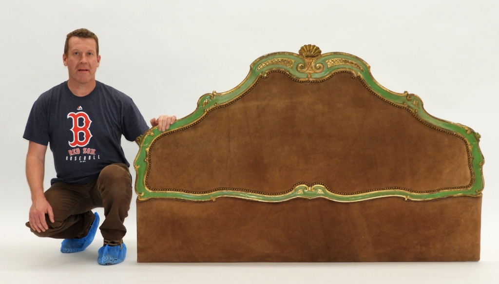 Appraisal: ITALIAN ROCOCO CARVED WOOD SUEDE HEADBOARD Italy Early th CenturyCarved