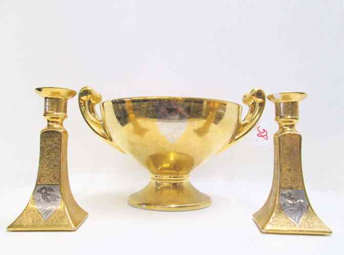 Appraisal: THREE PIECE HUTSCHENREUTHER PORCELAIN CONSOLE SET having K coin gold