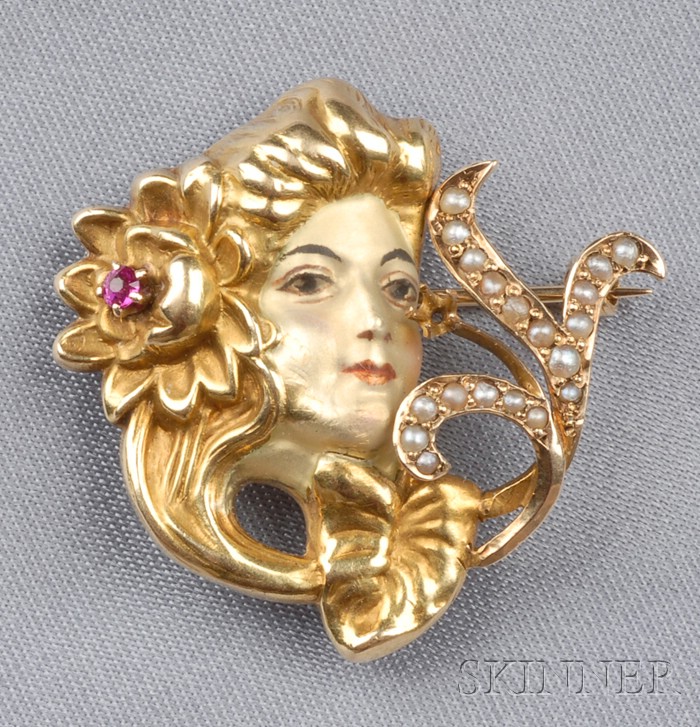 Appraisal: Art Nouveau kt Gold and Enamel Watch Pin depicting a