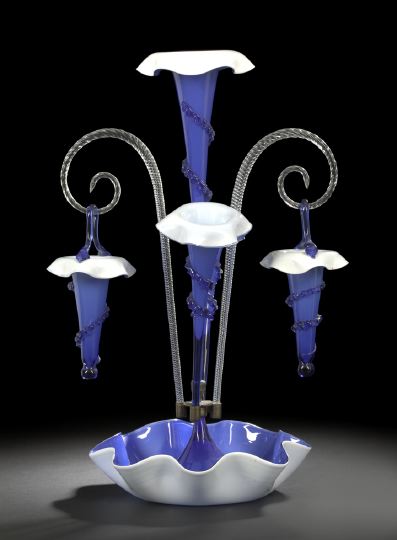 Appraisal: Large English Cobalt Blue-Over-White Glass Three Trumpet Two Pendant Basket