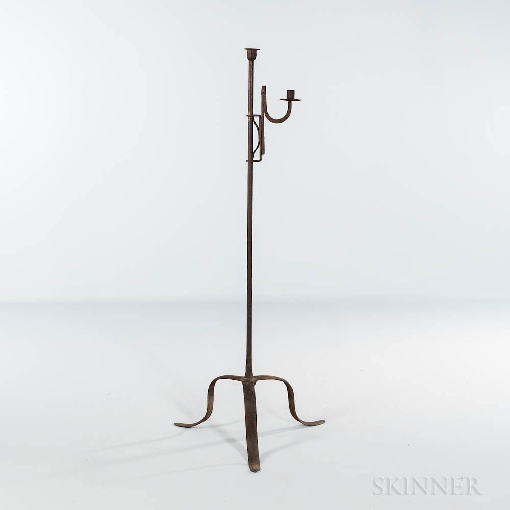 Appraisal: Wrought Iron Adjustable Rushlight and Candleholder Wrought Iron Adjustable Rushlight