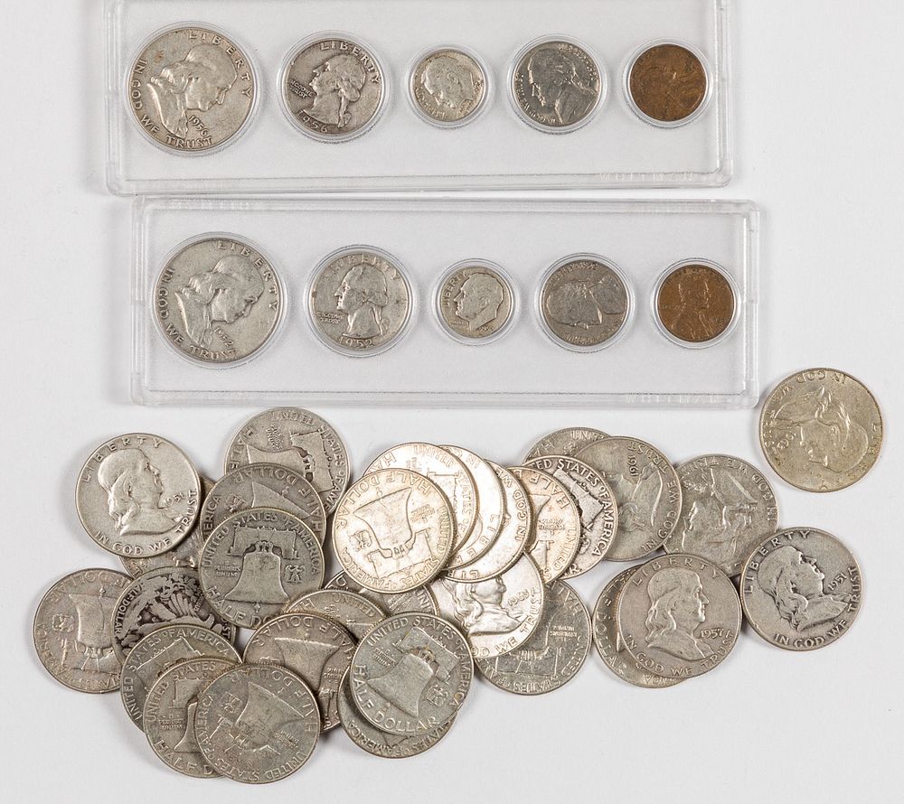 Appraisal: Twenty-nine Franklin silver half dollars etc Twenty-nine Franklin silver half