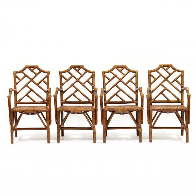 Appraisal: FOUR CHINESE CHIPPENDALE STYLE RATTAN ARMCHAIRS Late th century labeled