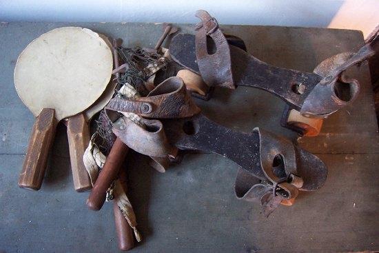 Appraisal: A pair of wooden roller skates with leather bindings size