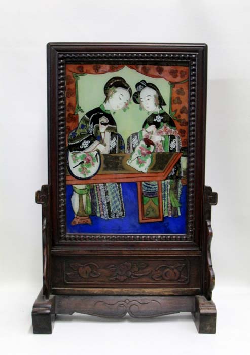 Appraisal: CHINESE EGLOMISE REVERSE PAINTING ON GLASS two women holding fans