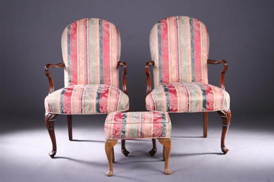 Appraisal: PAIR ENGLISH GEORGE I-STYLE OPEN ARMCHAIRS th century Rounded padded