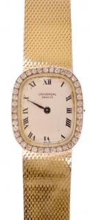 Appraisal: kt Diamond Universal Geneve Watch lady's watch off-white dial black