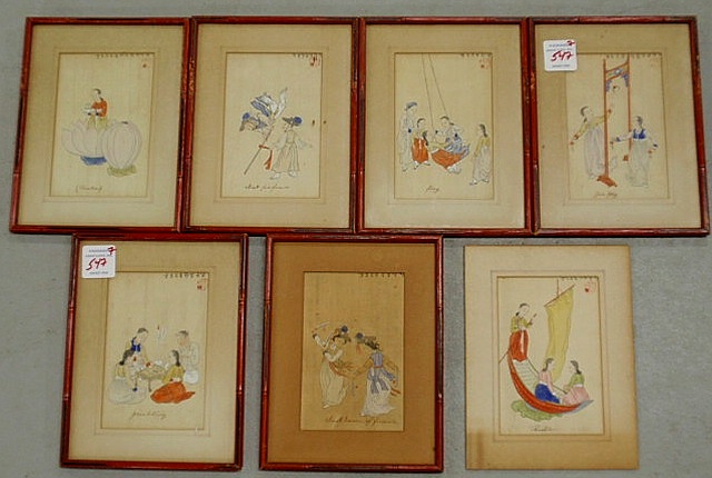 Appraisal: Grouping of seven small Japanese watercolors- girls at play theater