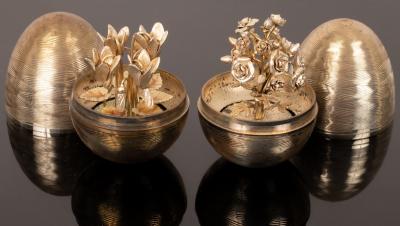 Appraisal: Nicholas Plummer two silver and silver gilt surprise eggs each