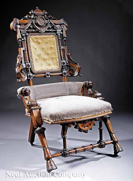 Appraisal: An American Innovative Carved Walnut and Gilt Armchair late th