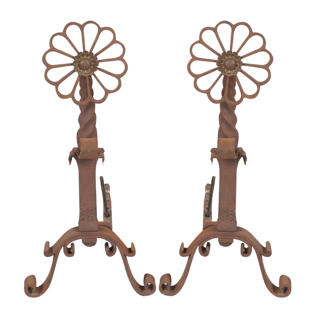 Appraisal: PAIR OF SPANISH REVIVAL-STYLE ANDIRONSwrought iron inches wide inches deep