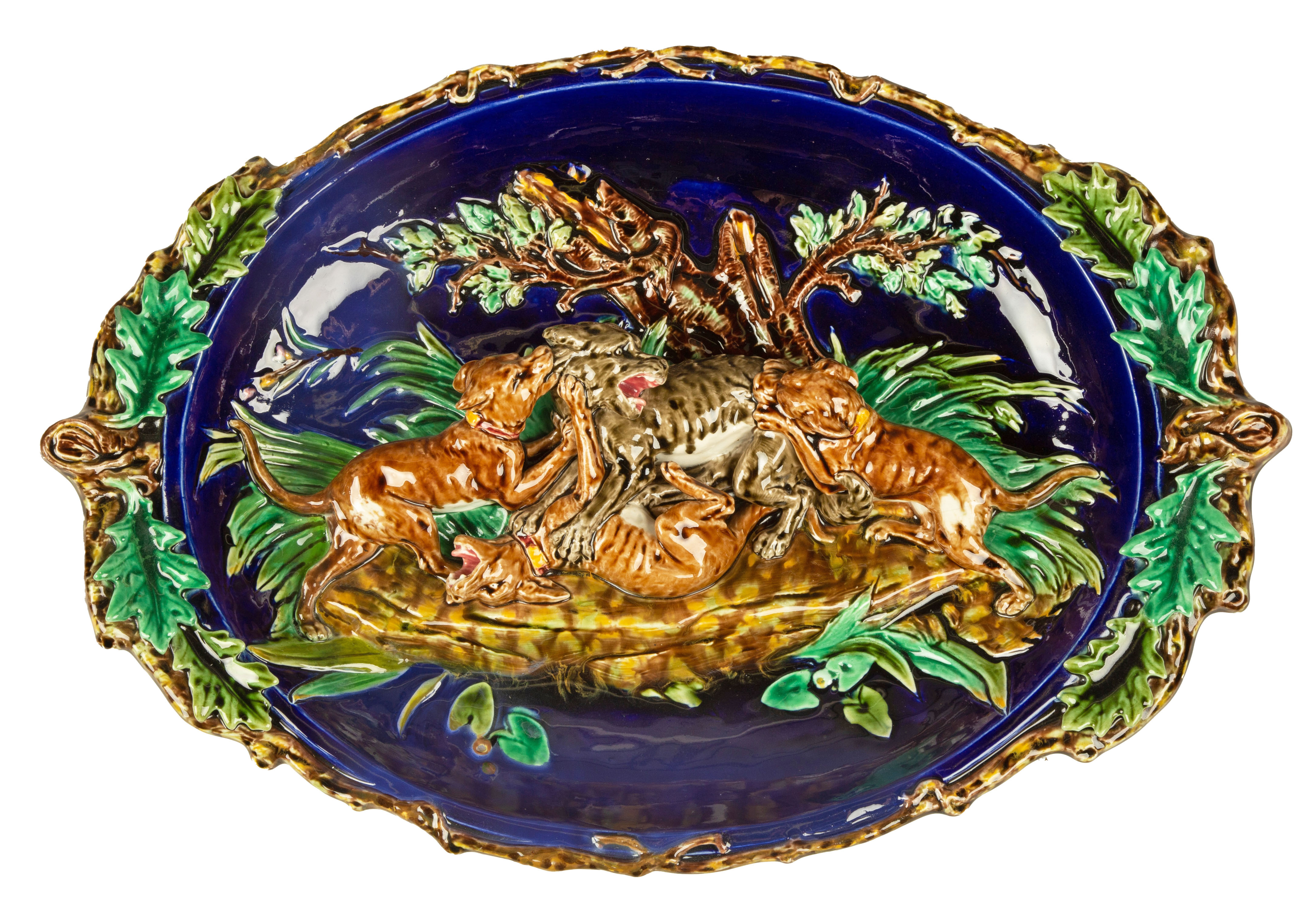 Appraisal: FRENCH SARREGUEMINES MAJOLICA HUNTING DOG PLATTER th century