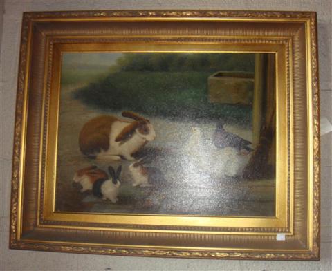 Appraisal: BARNYARD SCENE Oil on canvas x in Framed Provenance ANTIQUE