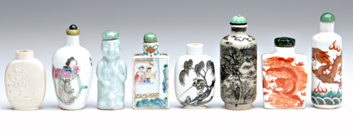 Appraisal: CHINESE SNUFF BOTTLES Eight porcelain bottles one flattened rectangular shape