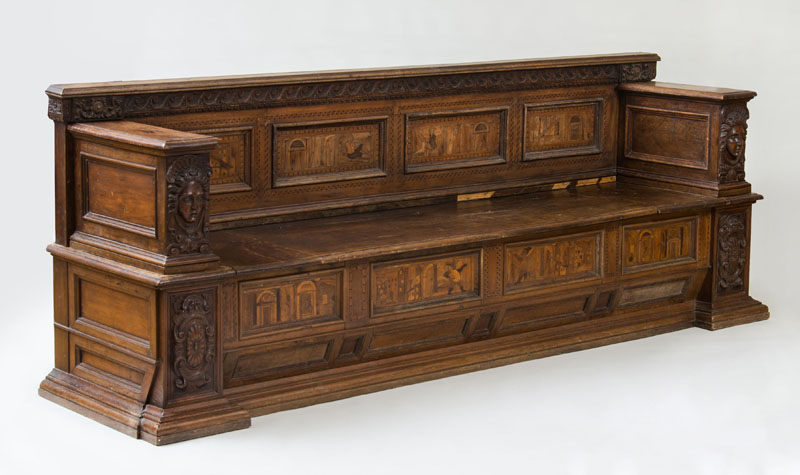 Appraisal: RARE ITALIAN WALNUT AND FRUITWOOD MARQUETRY CASSONE SEDILE TUSCAN The