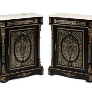 Appraisal: A Pair of Napoleon III Style Pewter Inlaid Marble-Top Cabinets