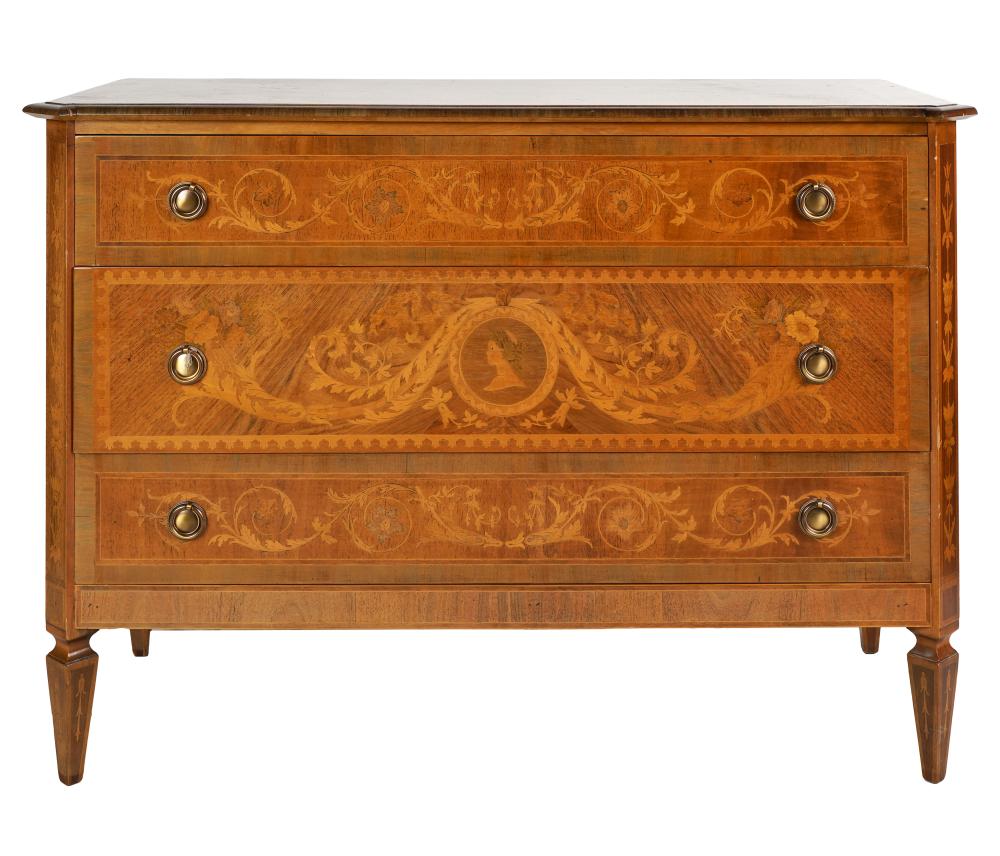 Appraisal: NEOCLASSICAL MARQUETRY-INLAID COMMODEsatinwood having three drawers inches wide inches deep