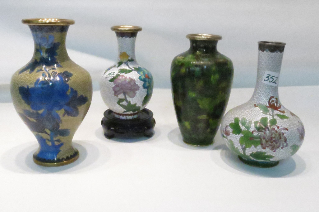 Appraisal: FOUR CHINESE CLOISONNE VASES various forms and motifs one raised