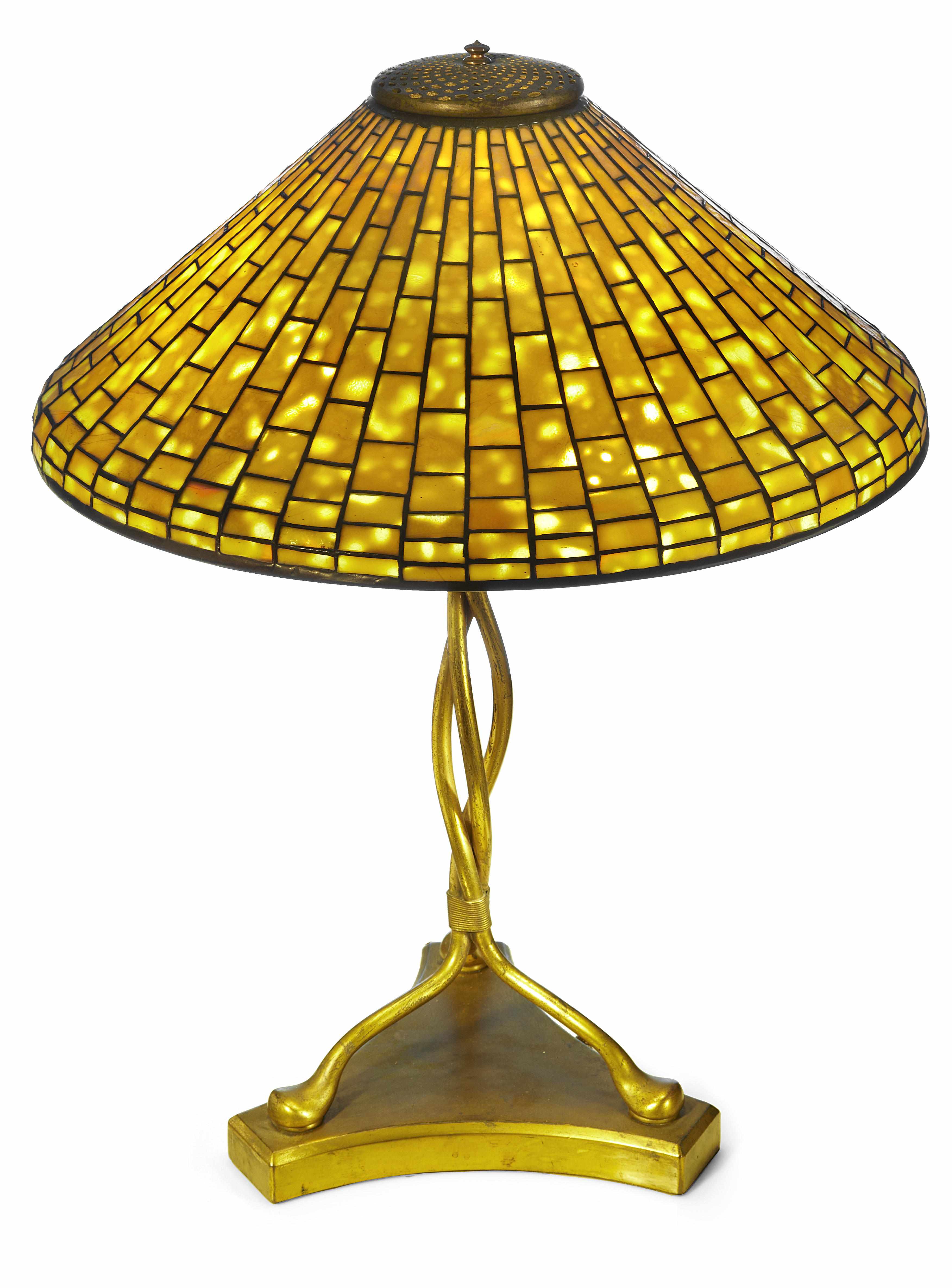 Appraisal: A Tiffany Studios Favrile glass and gilt-bronze Geometric table lamp