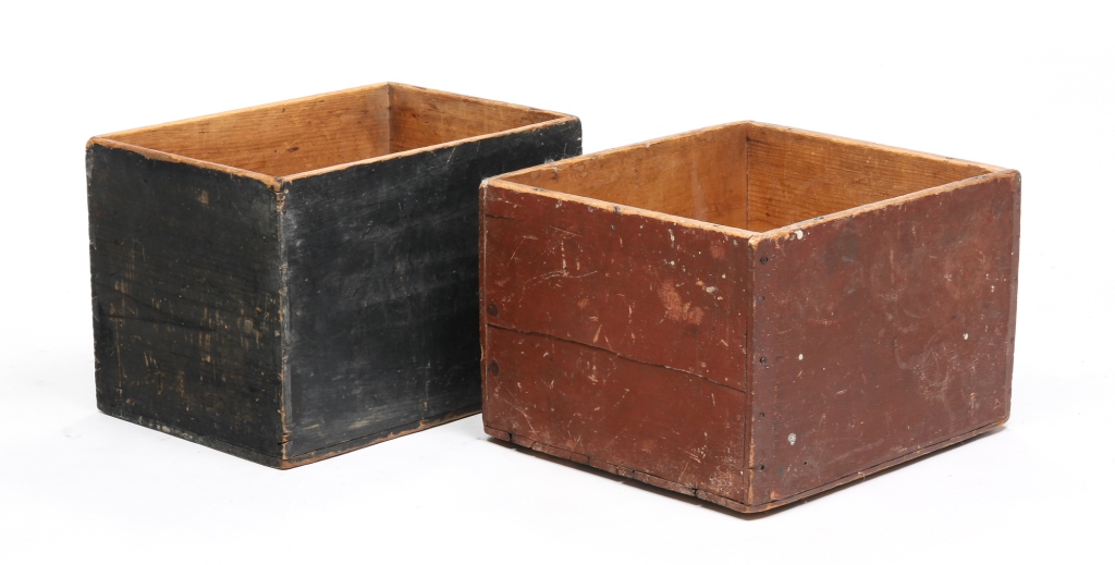 Appraisal: TWO AMERICAN WOODEN BOXES Mid th century pine Square nails