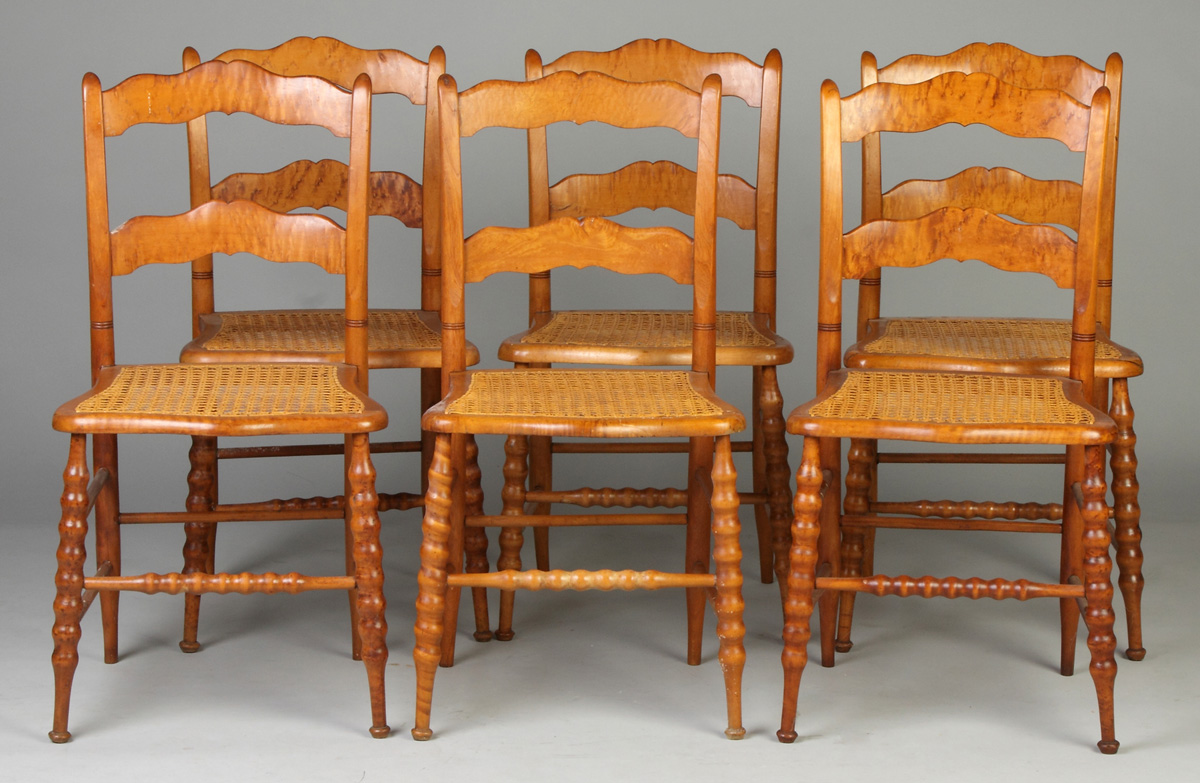 Appraisal: Set of Curly Maple Chairs w Cane Seats