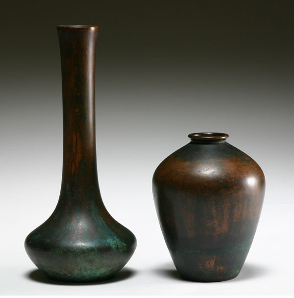 Appraisal: Clewell bronze clad art pottery vases Tallest H Extended line