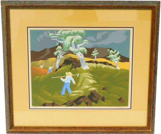 Appraisal: Bernard Steffen American - Hoeing serigraph depicts three figures in