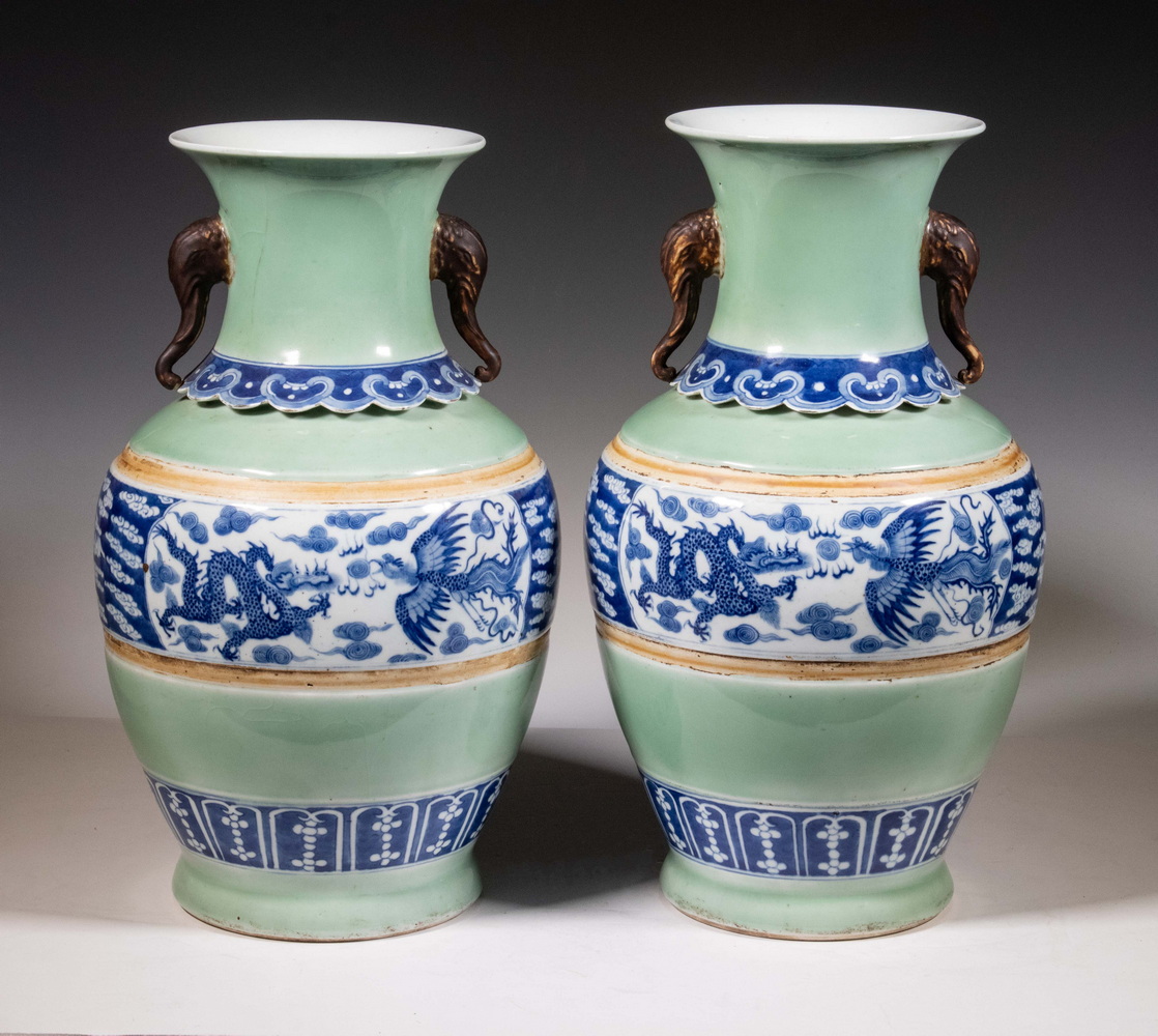 Appraisal: PR CHINESE DRAGON AND PHOENIX VASES Pair of Blue White