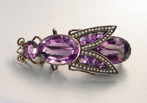 Appraisal: STERLING AMETHYST AND SEED PEARL FLY BUG BROOCH Sterling pin