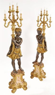 Appraisal: A pair of Italian carved wood and polychrome decorated blackamoor