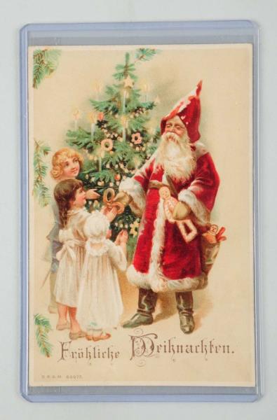 Appraisal: Hold-to-Light Santa Postcard Santa is wearing red and is handing