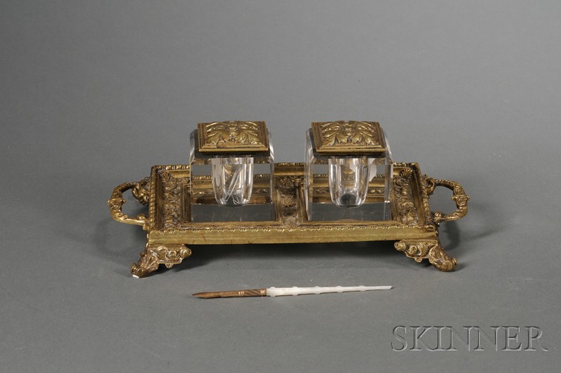 Appraisal: Victorian Renaissance Revival Brass-mounted Two-Bottle Inkstand late th century rectangular