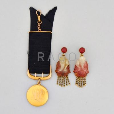 Appraisal: GOLD JADE EARRINGS AND GOLD LOCKET FOB Three pieces -