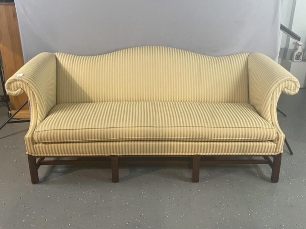 Appraisal: MODERN HIGH QUALITY CHIPPENDALE STYLE UPHOLSTEREDsofa Camelback straight reeded legs