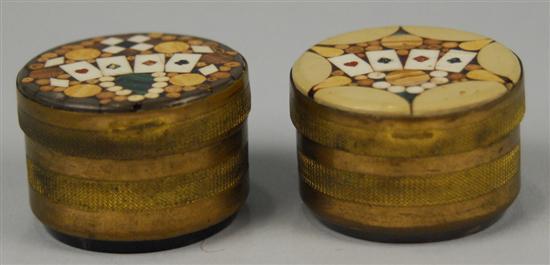 Appraisal: TWO PIETRA DURA AND GILT METAL BETTING CHIP BOXES each