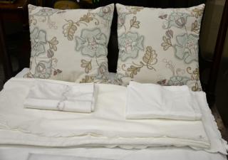 Appraisal: Four Egyptian cotton coverlets along with two custom embroidered pillows