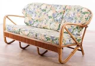 Appraisal: Bent Bamboo Sofa Three-cushion bent and split reed bamboo sculpted