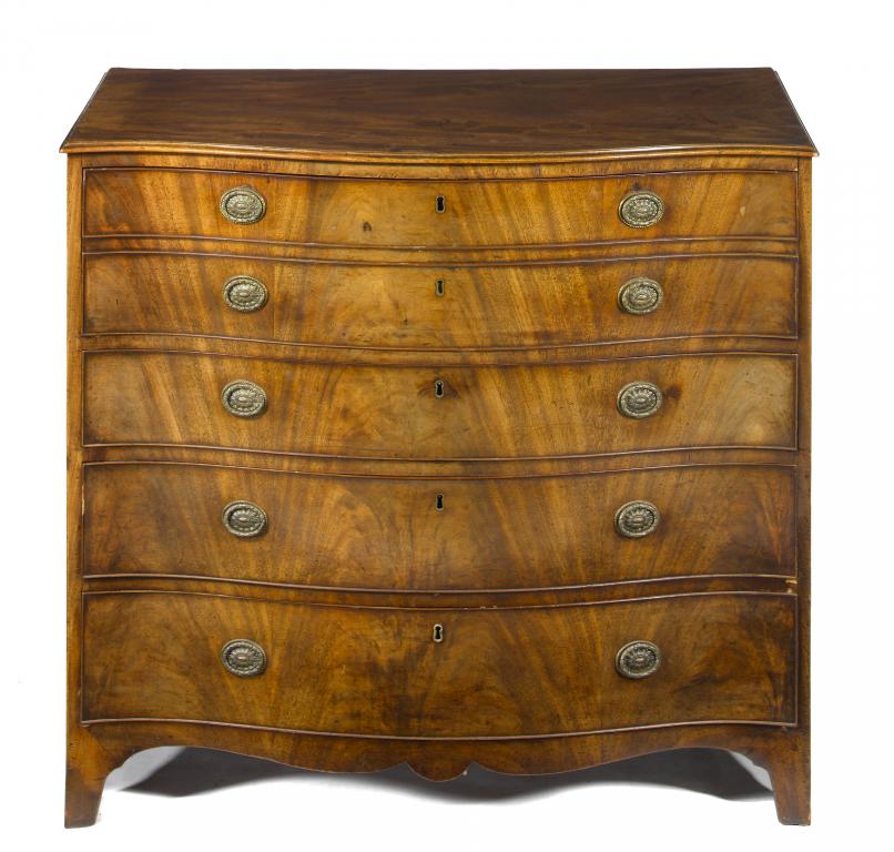 Appraisal: A GEORGE III MAHOGANY SERPENTINE CHEST OF DRAWERS the secretaire-drawer