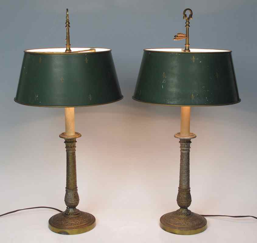 Appraisal: PAIR OF FRENCH BOUILLOTTE STYLE LAMPS Fleur de lis decorated