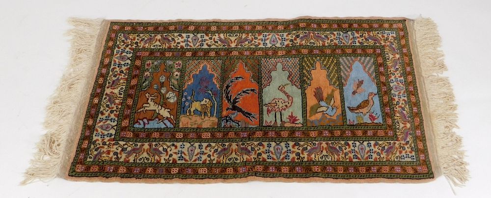 Appraisal: Turkish Kayseri Silk Animal Pictorial Prayer Rug Turkey Circa Decorated