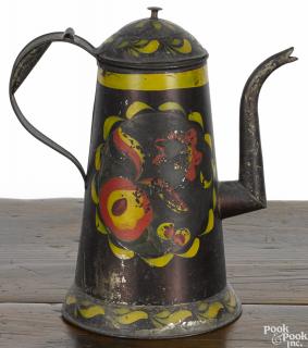 Appraisal: Pennsylvania black tole coffee pot th c with floral decoration