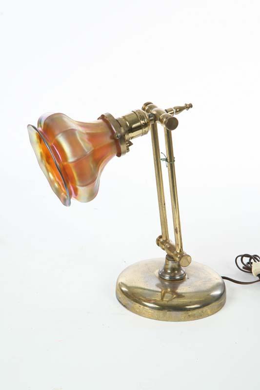 Appraisal: BRASS DESK LAMP With a Steuben gold Aurene shade h