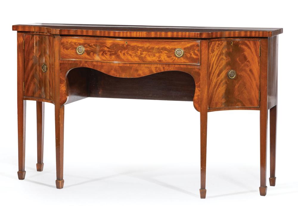 Appraisal: George III-Style Figured Mahogany Sideboard shaped top conforming case with