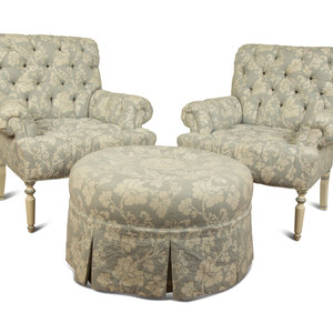 Appraisal: A Pair of Button Tufted White Painted Open Armchairs with