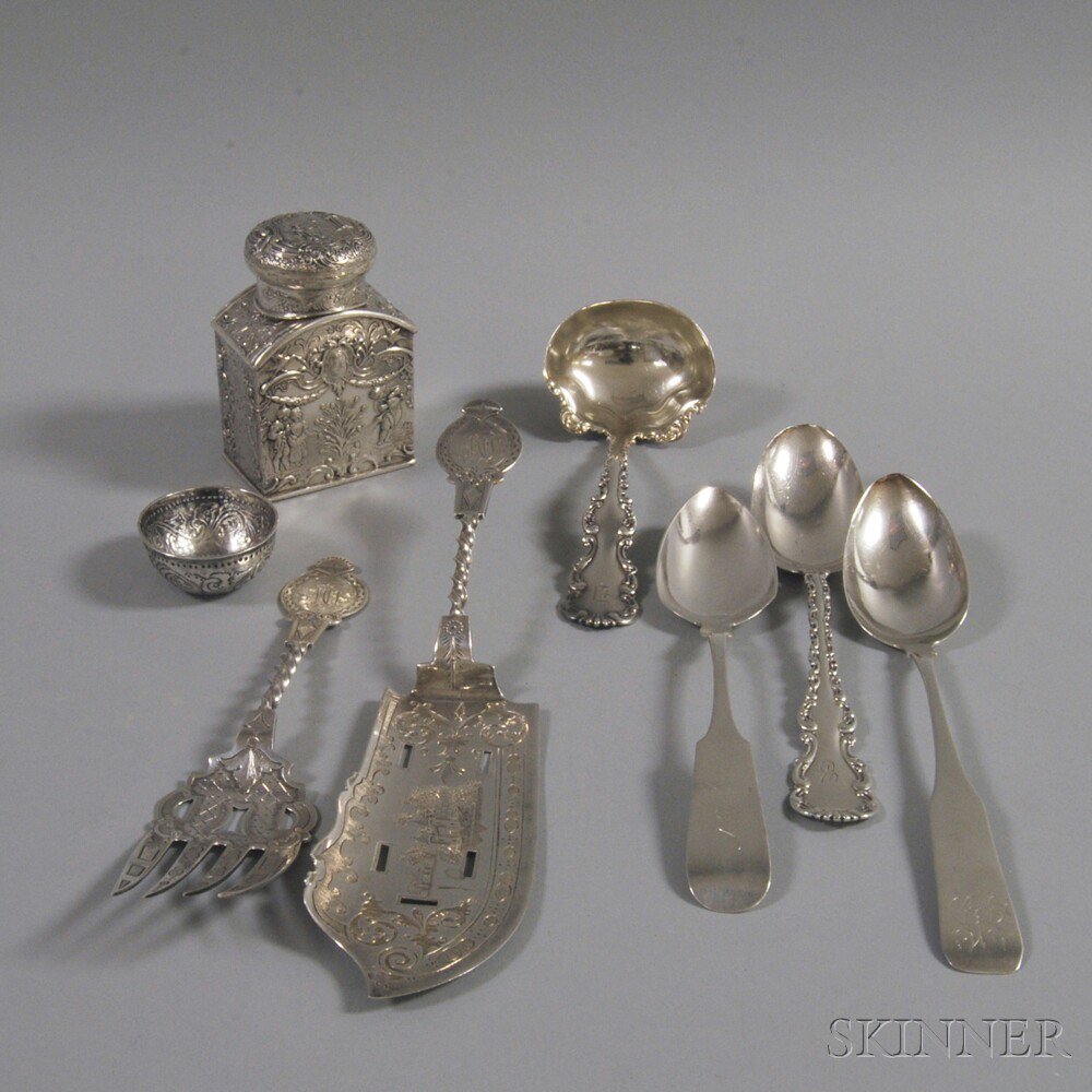 Appraisal: German Silver Repousse Tea Caddy and a Group of Flatware